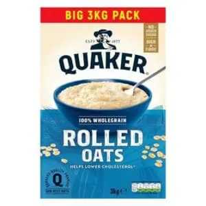 Quaker Rolled Oats, 3kg, high in fiber.