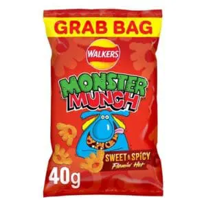 Here's an alt tag for the image: Walkers Monster Munch Sweet & Spicy snack bag.