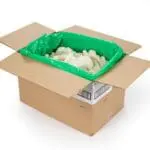 Box of white food product in green bag.
