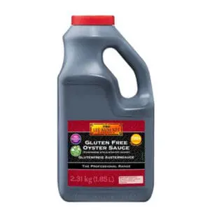 Gluten-free oyster sauce in large bottle.