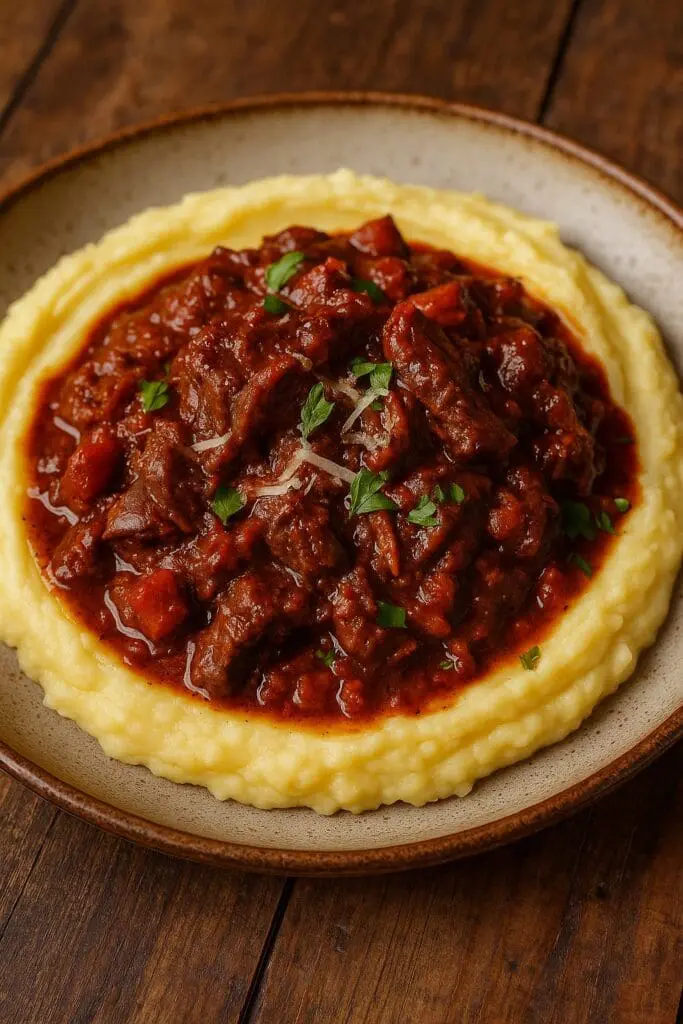 Braised British beef shin ragù made with Alec Jarrett British Red Tractor Beef Shin from Nicol Retailer Limited, served over creamy Parmesan mash with rosemary and Parmesan cheese — created by Nicol Retailer Limited.