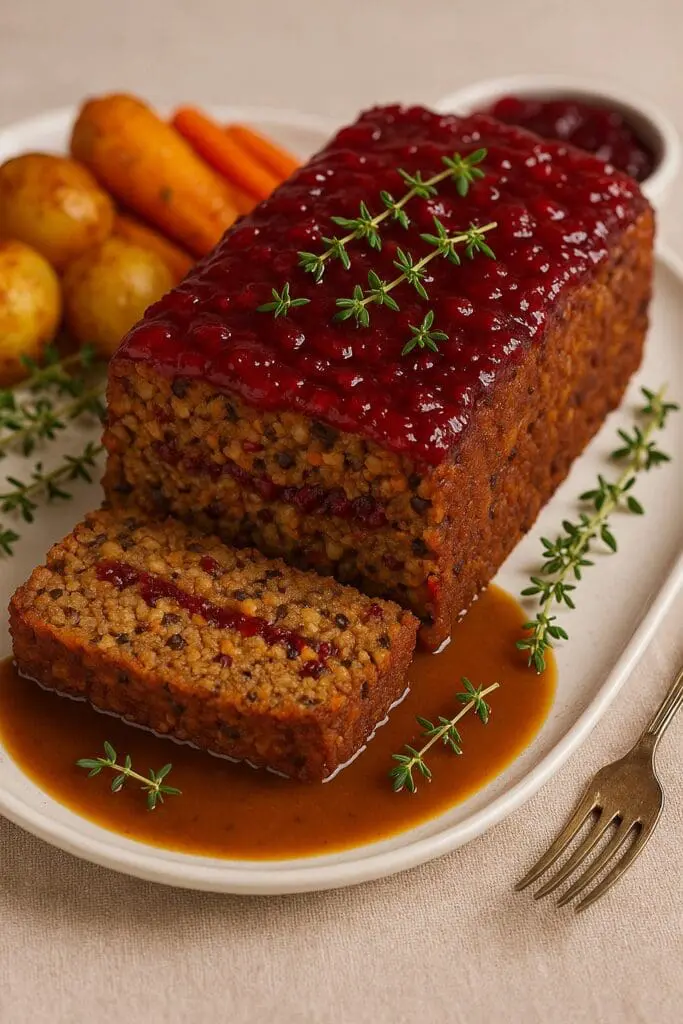 Delicious festive nut roast loaf topped with glossy cranberry sauce and garnished with thyme, served with roast potatoes, carrots, and gravy — a vegan Christmas dinner by Nicol Retailer Limited.