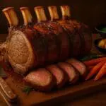 Five-bone roasted beef forerib with sliced servings and vegetables. Image and recipe created by Nicol Retailer Limited.