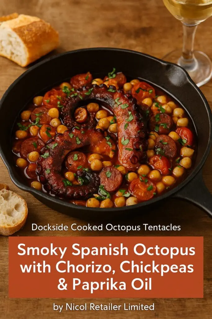 Smoky Spanish octopus and chorizo dish with chickpeas, cherry tomatoes, and paprika oil served in a rustic skillet, made with Dockside cooked octopus tentacles from Nicol Retailer Limited.