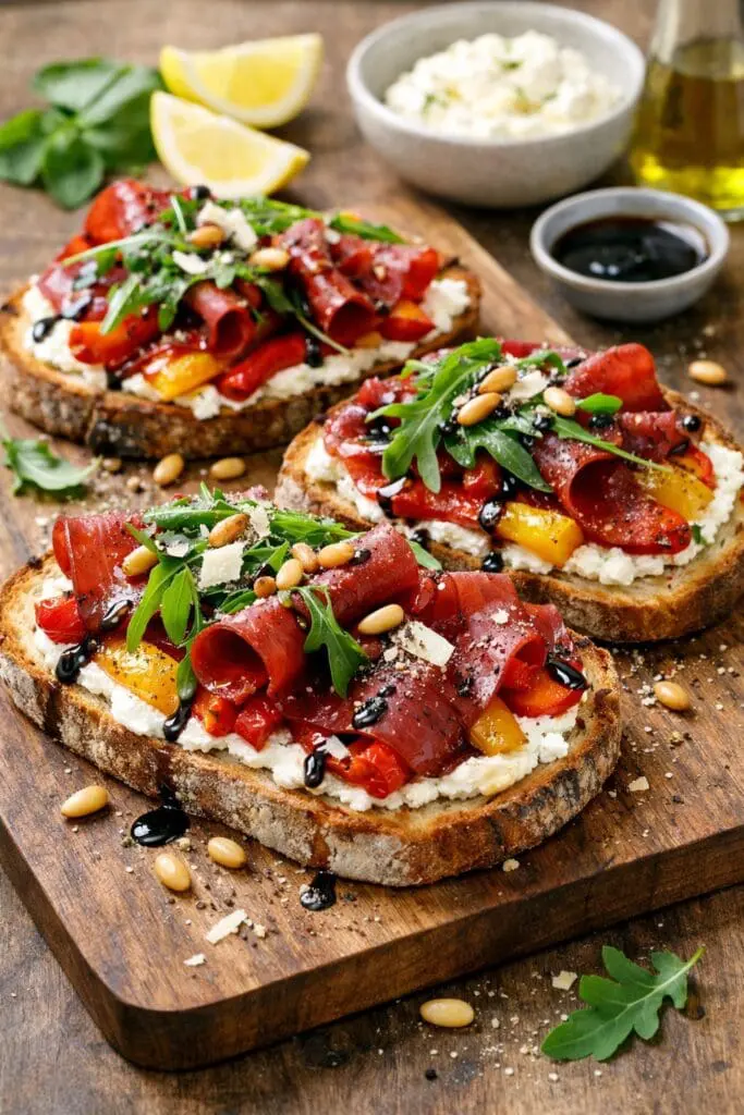 Bresaola tartine with roasted sweet peppers, lemon ricotta and rocket.