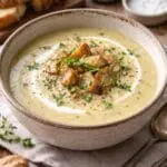 Creamy Jerusalem artichoke and leek soup garnished with roasted artichoke pieces, fresh thyme and cream, created by Nicol Retailer Limited Recipe and image created by Nicol Retailer Limited.