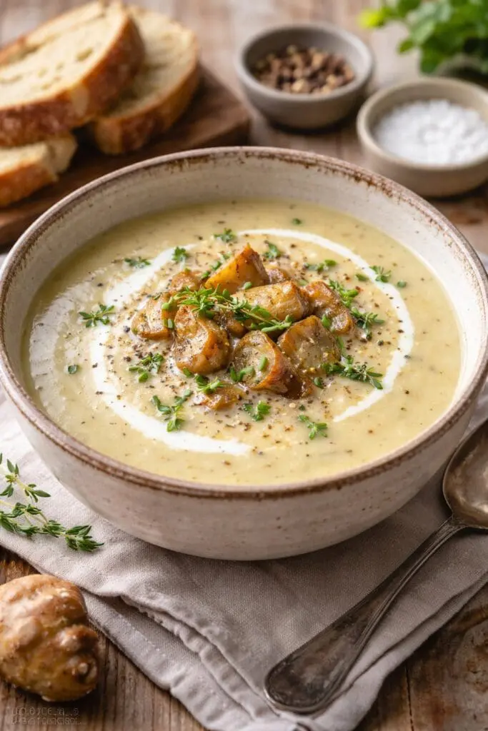 Creamy Jerusalem artichoke and leek soup garnished with roasted artichoke pieces, fresh thyme and cream, created by Nicol Retailer Limited Recipe and image created by Nicol Retailer Limited.