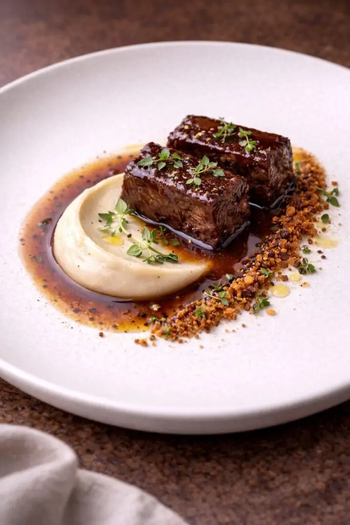 Pressed British diced lamb shoulder served with silky artichoke purée, lemon thyme jus and crispy lamb crumb – recipe and image created by Nicol Retailer