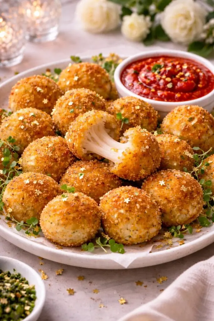 Crispy baked bocconcini mozzarella bites with melted cheese centre and marinara sauce, recipe image by Nicol Retailer Limited
