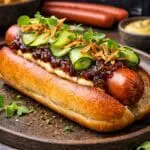 Gourmet hot dog recipe by Nicol Retailer Limited with Westlers jumbo sausage, caramelised onions, cucumber ribbons and crispy shallots in brioche bun