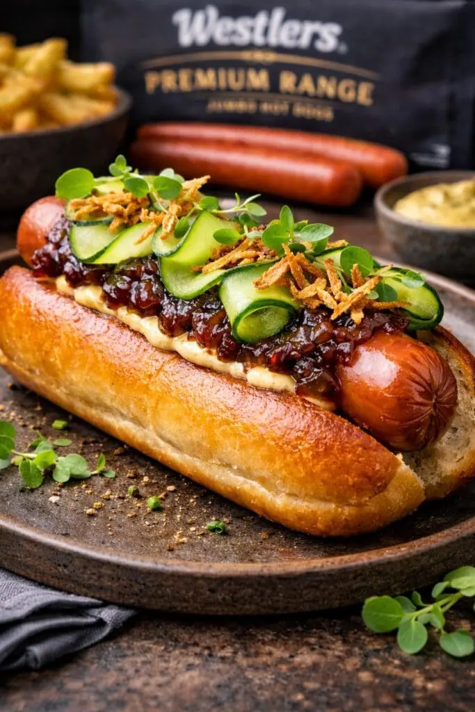 Gourmet hot dog recipe by Nicol Retailer Limited with Westlers jumbo sausage, caramelised onions, cucumber ribbons and crispy shallots in brioche bun