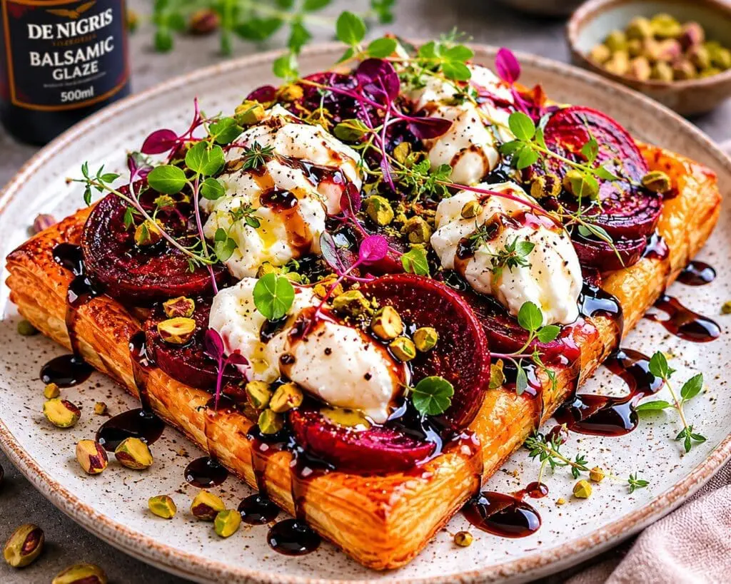 Burrata and balsamic glazed beetroot tart with pistachio crumb on puff pastry – recipe and image created by Nicol Retailer Limited