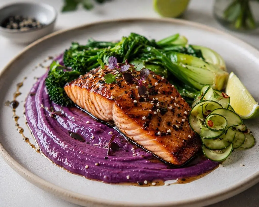 Miso glazed salmon with purple sweet potato purée and sesame greens. Recipe and image created by Nicol Retailer Limited