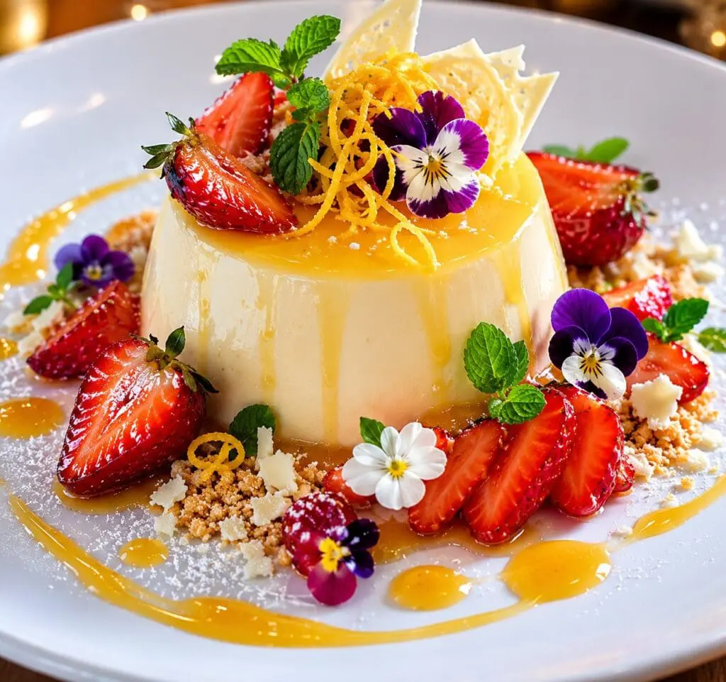 Michelin-style Yuzu Panna Cotta with roasted strawberries, white chocolate crumble, edible flowers and fresh mint, beautifully plated for fine dining. Recipe and image created by Nicol Retailer Limited.