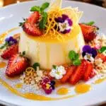 Michelin-style Yuzu Panna Cotta with roasted strawberries, white chocolate crumble, edible flowers and fresh mint, beautifully plated for fine dining. Recipe and image created by Nicol Retailer Limited.
