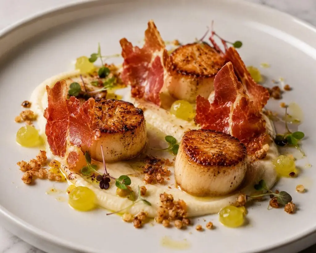 Pan-seared king scallops with crispy Prosciutto Crudo, cauliflower purée, apple gel and hazelnut crumb, beautifully plated in a Michelin-style presentation by Nicol Retailer Limited.
