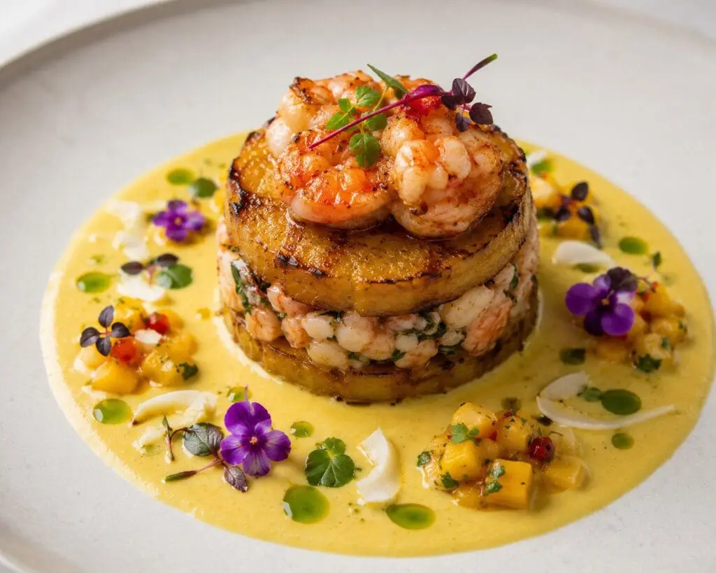 Michelin-star plantain and king prawn timbale served with saffron coconut velouté, mango pearls, herb oil, micro herbs, and edible flowers on an elegant fine-dining plate – recipe and image created by Nicol Retailer Limited.