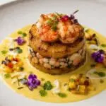 Michelin-star plantain and king prawn timbale served with saffron coconut velouté, mango pearls, herb oil, micro herbs, and edible flowers on an elegant fine-dining plate – recipe and image created by Nicol Retailer Limited.