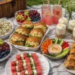 Family picnic feast created by Nicol Retailer Limited featuring coronation chicken brioche rolls, honey sausage rolls, potato salad, watermelon and feta skewers, fresh fruit, hummus, cheesecake jars, and strawberry lemonade on an outdoor picnic blanket. Nicol Retailer Limited. All rights reserved.