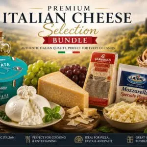 Premium Italian Cheese Selection Bundle featuring Granarolo Burrata, Latbri Mozzarella Speciale Pizza and Granarolo Parmigiano Reggiano with artisan bread, grapes, tomatoes and basil.
