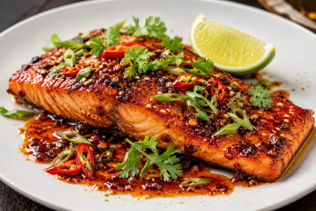 Chiu Chow chilli oil salmon with sticky soy, ginger and lime glaze, garnished with sesame seeds, spring onions and fresh chilli