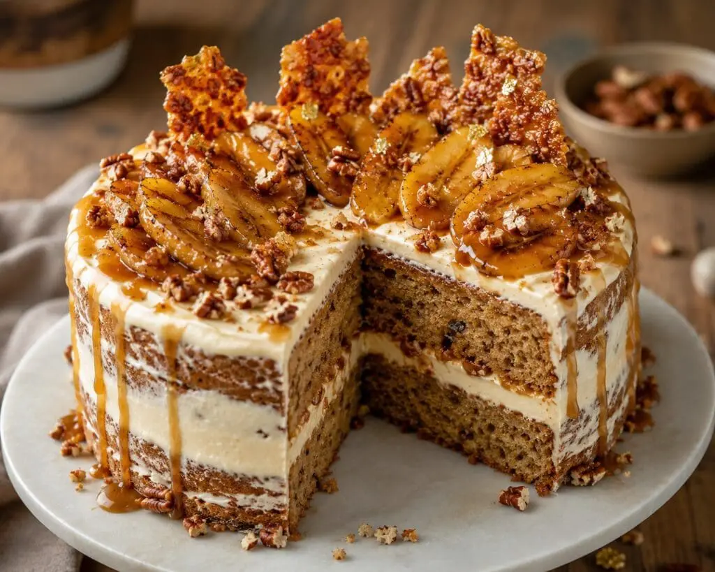 Plantain salted caramel and pecan praline cake with caramelised ripe plantain, vanilla mascarpone and pecan praline, created by Nicol Retailer Limited.