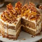 Plantain salted caramel and pecan praline cake with caramelised ripe plantain, vanilla mascarpone and pecan praline, created by Nicol Retailer Limited.