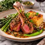 Herb and garlic lamb cutlets with dauphinoise potatoes, charred asparagus, green herb purée and red wine jus