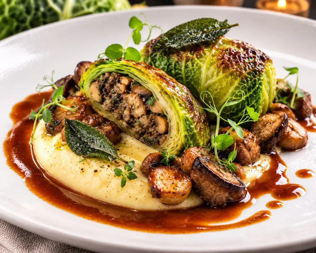 Savoy cabbage parcel with wild mushroom and chestnut duxelles, truffle potato purée, roasted mushrooms and caramelised onion jus