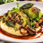 Savoy cabbage parcel with wild mushroom and chestnut duxelles, truffle potato purée, roasted mushrooms and caramelised onion jus
