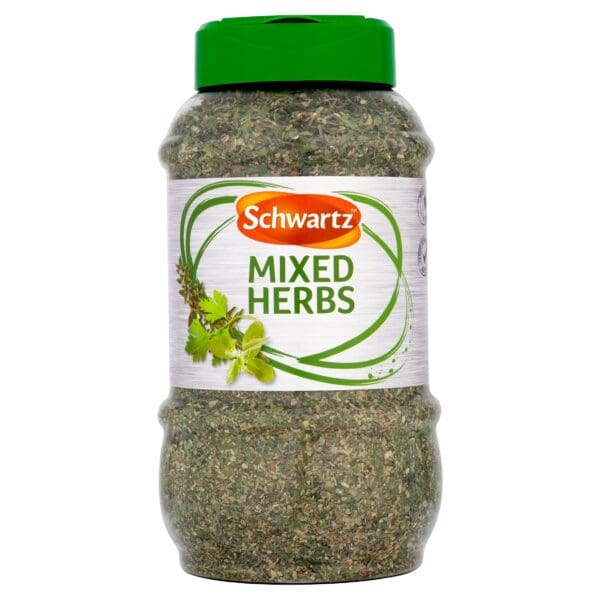 A jar of mixed herbs on a white background.