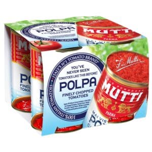 Four cans of polpa in a box.
