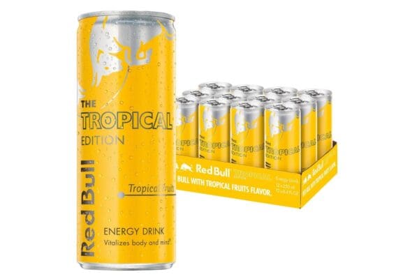 Red bull tropical edition energy drink.