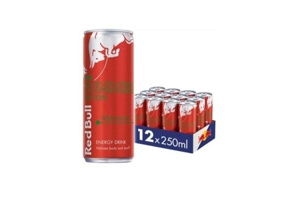 Red bull energy drink in a box.