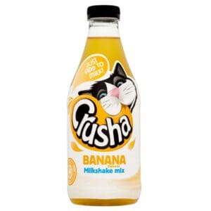 A bottle of cruso banana tea with a cat on it.