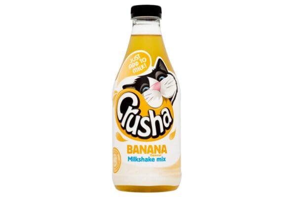 A bottle of cruso banana tea with a cat on it.