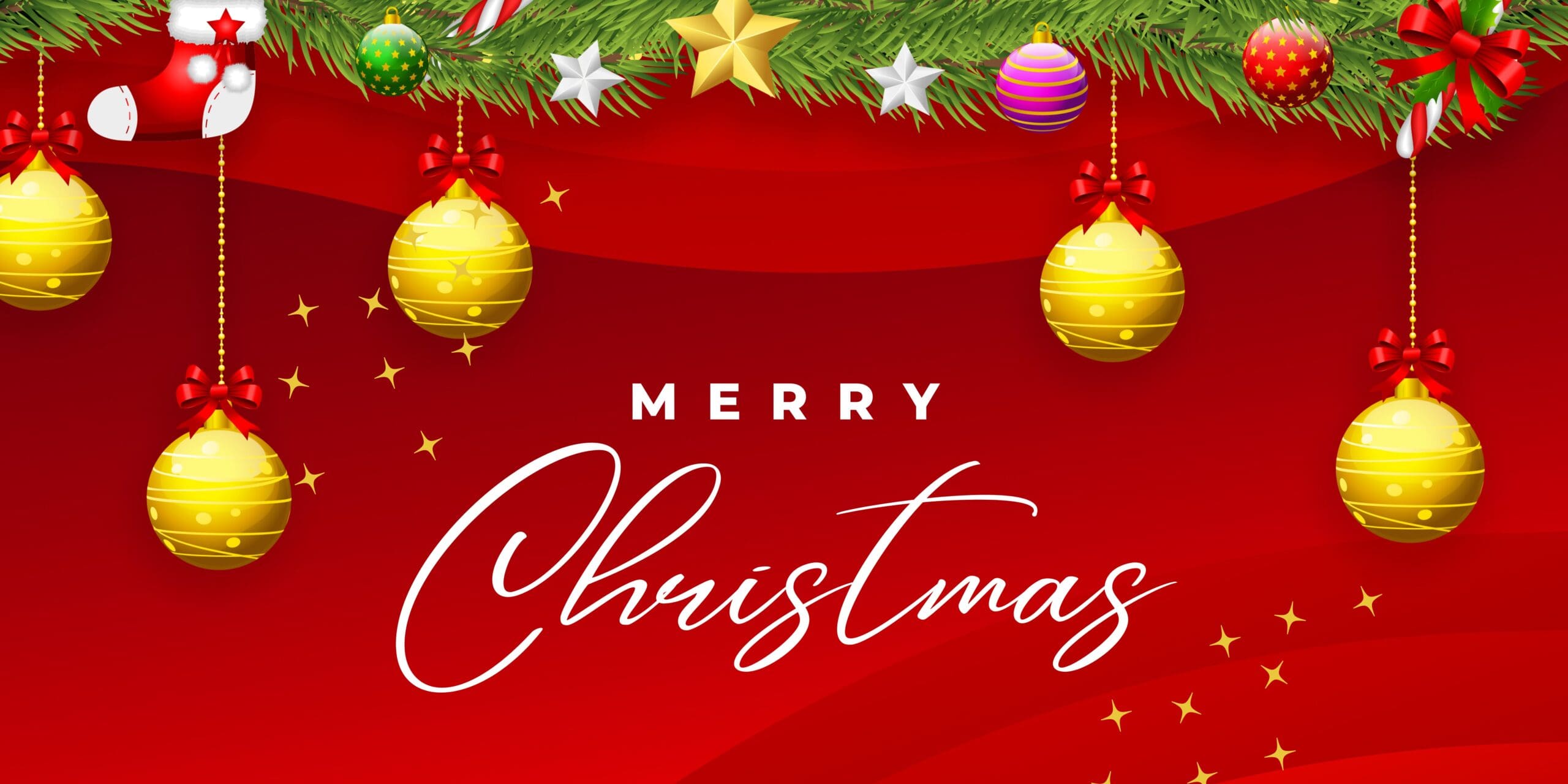 Merry christmas background with golden ornaments.