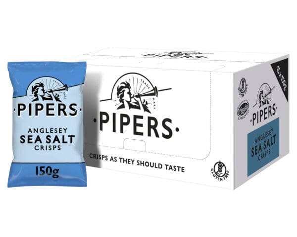 Box and packet of Pipers Anglesey Sea Salt Crisps
