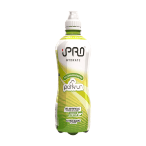 Case of iPRO Hydrate parkrun Edition Orange & Pineapple 12 x 500ml sports drink, labeled with "no artificial, stevia" and "recommended by parkrun" on a white background.