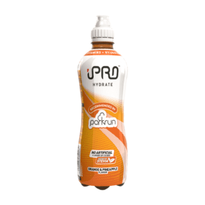 A case of iPRO Hydrate parkrun Edition Orange & Pineapple 12 x 500ml flavored drink with a parkrun recommendation logo.