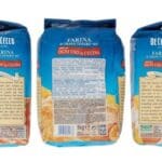 Three packages of De Cecco Farina di Grano Tenero "00" 1kg flour for different culinary uses, displayed with front and back labels visible.