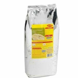 A bag of white flour on a white background next to Maggi Gluten Free Mashed Potato Mix Flakes 1 x 4kg packaging.