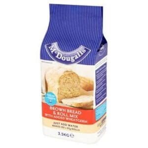 A package of McDougalls Brown Bread & Roll Mix 1x 3.5kg on a white background.