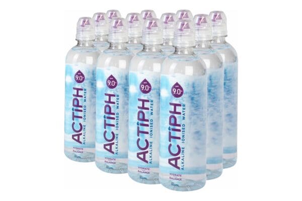 A pack of twelve bottles of Actiph Alkaline Ionised Water 600ml.