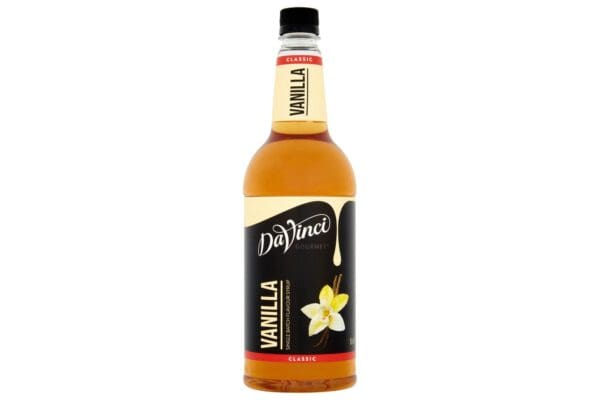 A bottle of DaVinci Vanilla Coffee Syrup 1 x 1ltr on a white background.