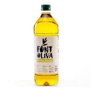 A bottle of Font Oliva Extra Virgin Olive Oil 1 x 2ltr on a white background.