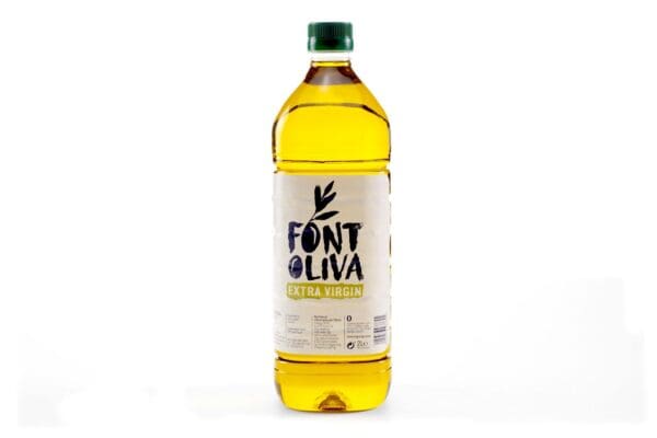A bottle of Font Oliva Extra Virgin Olive Oil 1 x 2ltr on a white background.