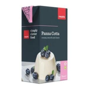 A box with a blueberry on it containing Macphie Pannacotta Base Mix 1 x 1ltr.