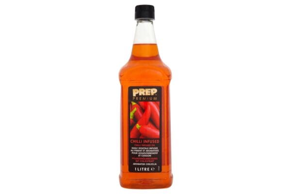 A bottle of Prep Premium Chilli Infused Oil 1 x 1ltr on a white background.