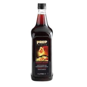 A bottle of Prep Premium Toasted Sesame oil 1 x 1ltr on a white background, accentuated by the presence of sesame oil.